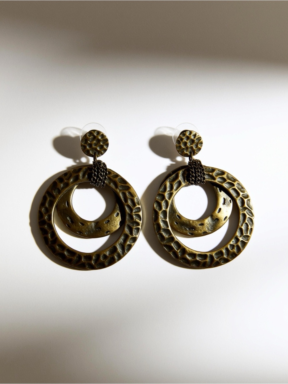 Vintage Boho Antique Brass Hammered Double Circle Dangle Drop Earrings